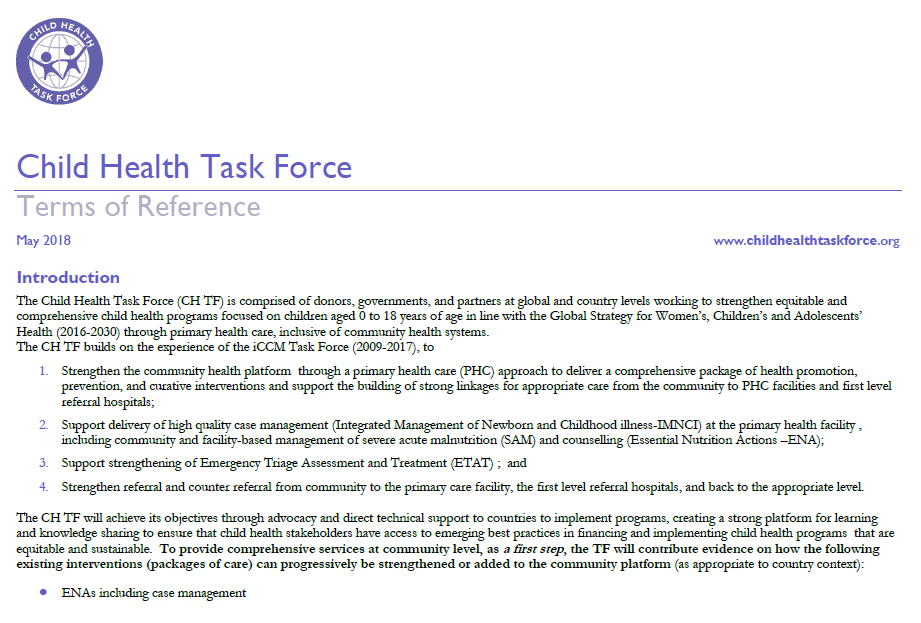 Child Health Task Force Terms of Reference 2018 Child Health Task Force
